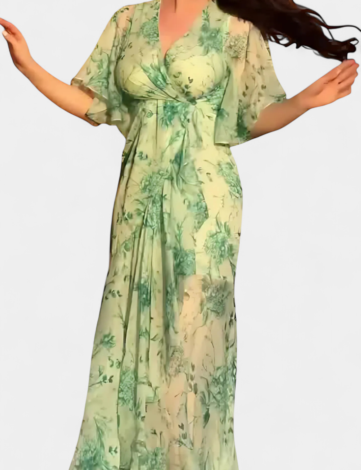 Sima Vestido Cruzado Estampado con Escote en V y Mangas Acampanadas