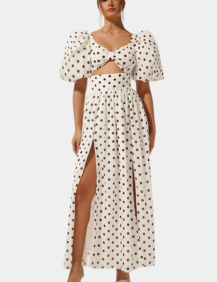 Sherine Conjunto de Falda y Top de Lunares con Mangas Abullonadas