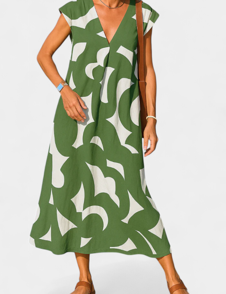 Asela Vestido Casual con Escote en V y Estampado Mixi