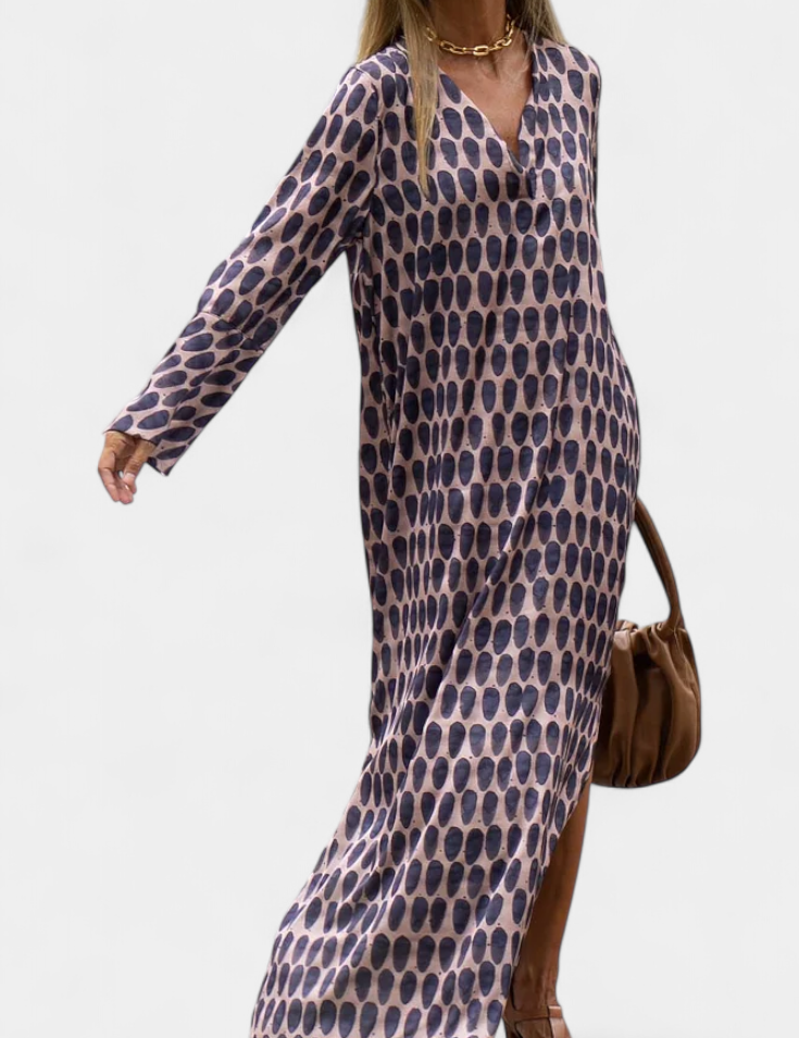 Brisa Vestido Largo Geométrico con Abertura y Escote en V