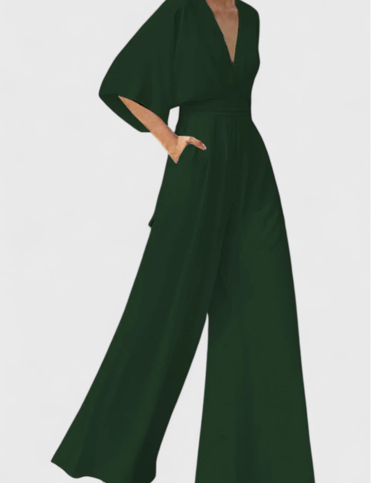 Isaura Mono Largo Elegante con Pierna Ancha y Escote en V