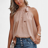 Adela Top sin Mangas de Leopardo con Cuello Alto y Lazo