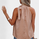 Adela Top sin Mangas de Leopardo con Cuello Alto y Lazo