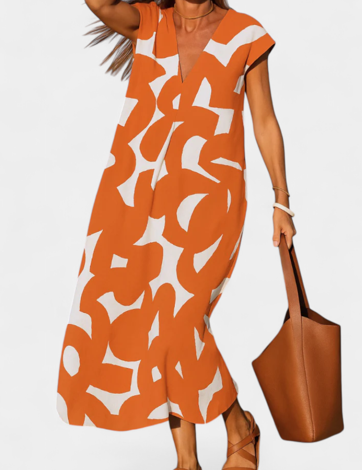 Asela Vestido Casual con Escote en V y Estampado Mixi