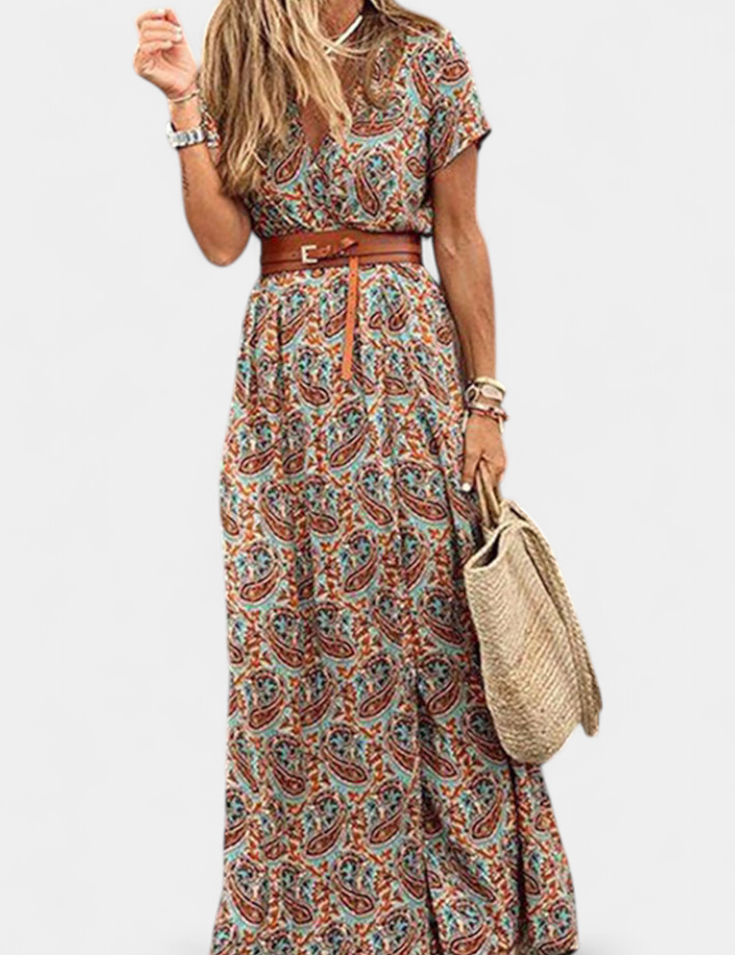 Anfisa Vestido Boho de Verano con Cinturón y Escote en V