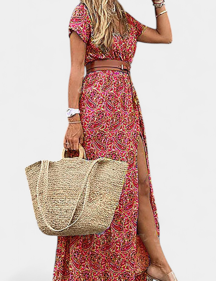 Anfisa Vestido Boho de Verano con Cinturón y Escote en V