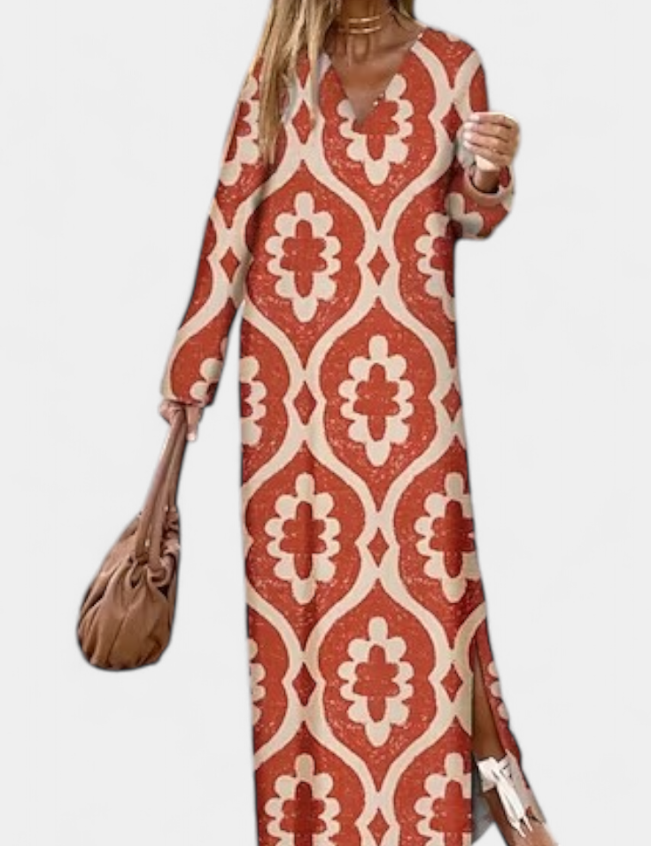 Brisa Vestido Largo Geométrico con Abertura y Escote en V