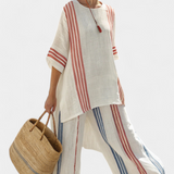 Elena - Conjunto Étnico de Lino de Bambú con Rayas y Corte Amplio