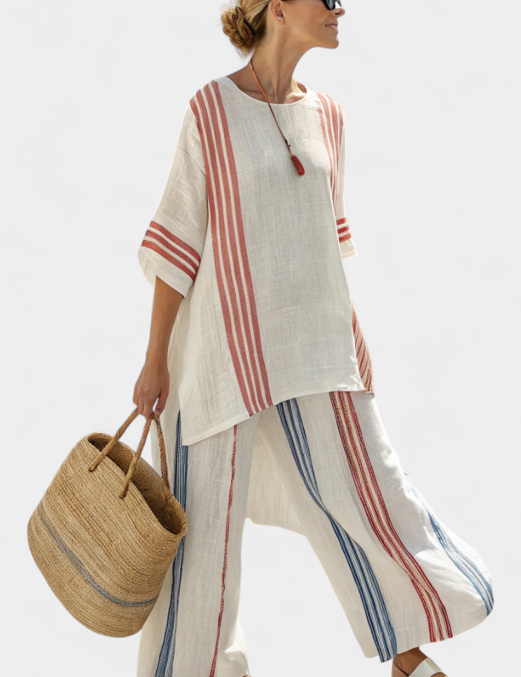 Elena - Conjunto Étnico de Lino de Bambú con Rayas y Corte Amplio
