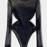 Antonella Body de Malla Transparente con Mangas Largas y Brillos