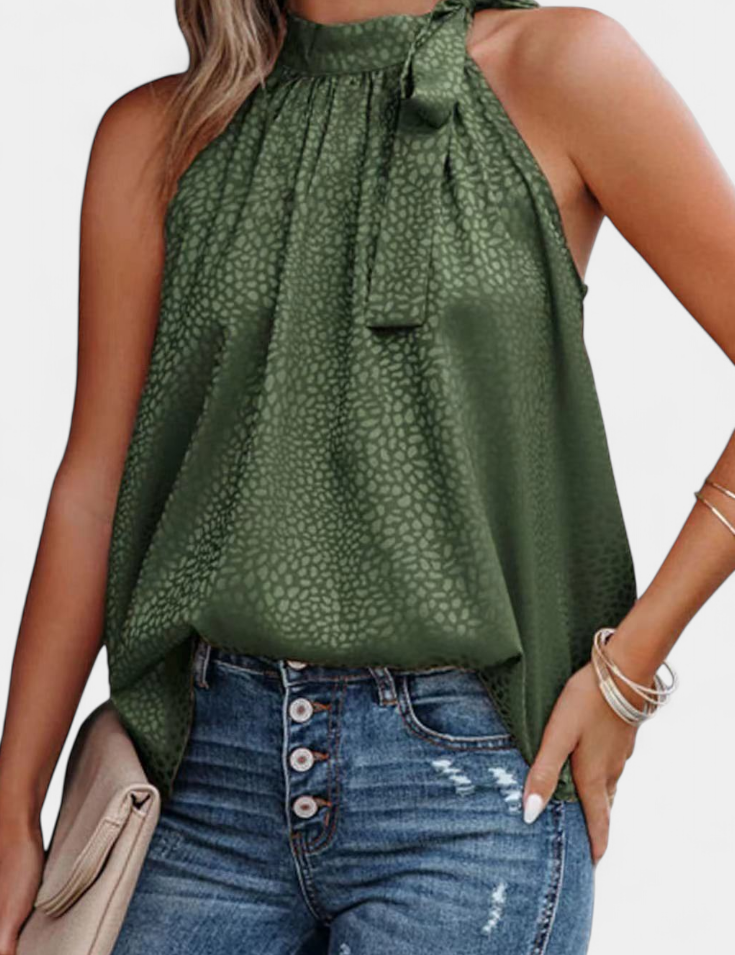 Adela Top sin Mangas de Leopardo con Cuello Alto y Lazo