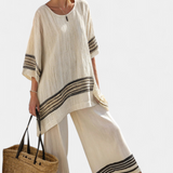 Elena - Conjunto Étnico de Lino de Bambú con Rayas y Corte Amplio