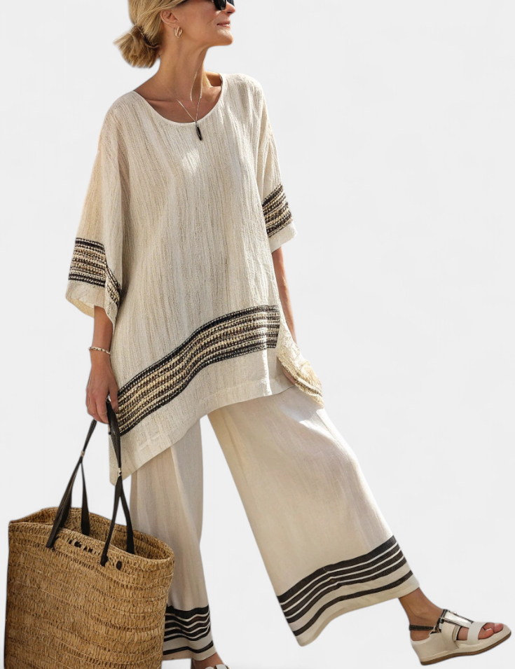 Elena - Conjunto Étnico de Lino de Bambú con Rayas y Corte Amplio