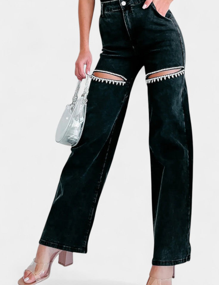 Evian Jeans Ripped Straight-Leg con Rhinestones