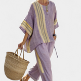 Elena - Conjunto Étnico de Lino de Bambú con Rayas y Corte Amplio