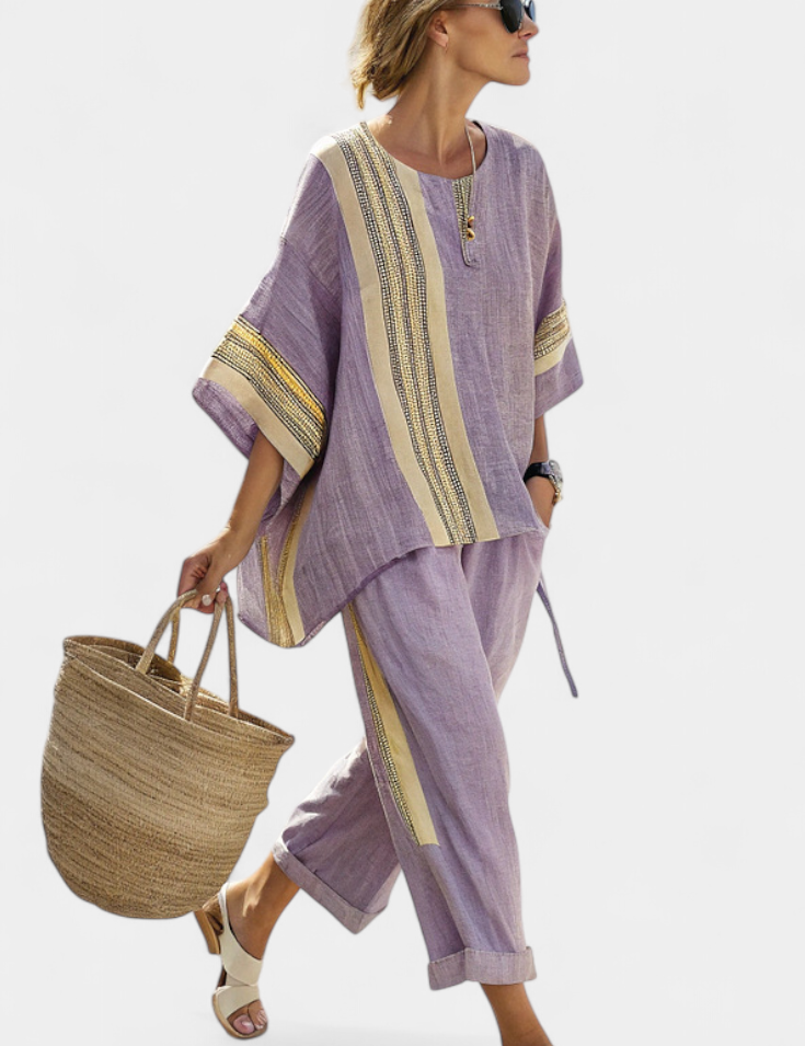 Elena - Conjunto Étnico de Lino de Bambú con Rayas y Corte Amplio