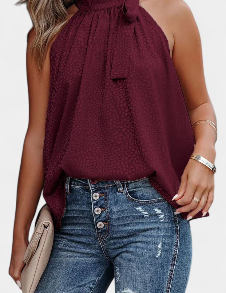 Adela Top sin Mangas de Leopardo con Cuello Alto y Lazo