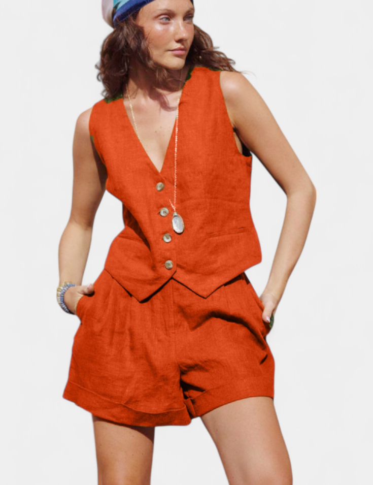 Jennifer Conjunto Chaleco y Pantalones Cortos de Lino Algodón