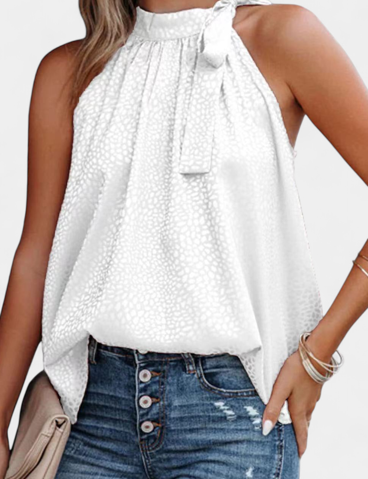Adela Top sin Mangas de Leopardo con Cuello Alto y Lazo