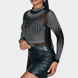 Antonella Body de Malla Transparente con Mangas Largas y Brillos