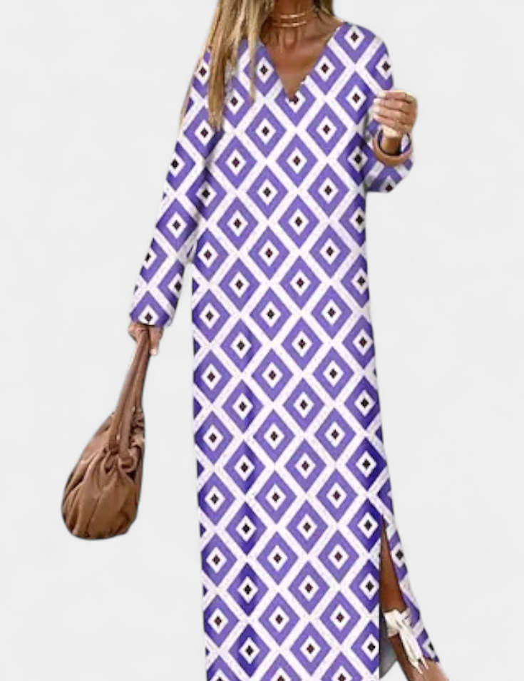 Brisa Vestido Largo Geométrico con Abertura y Escote en V