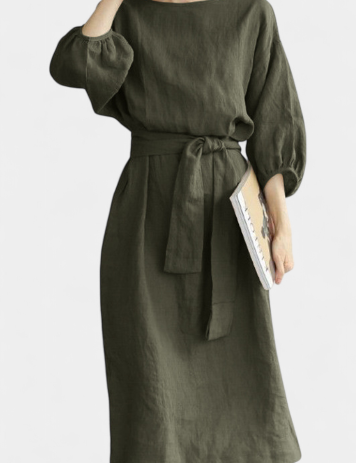 Krisbel Vestido de Lino Algodón con Cintura Anudada