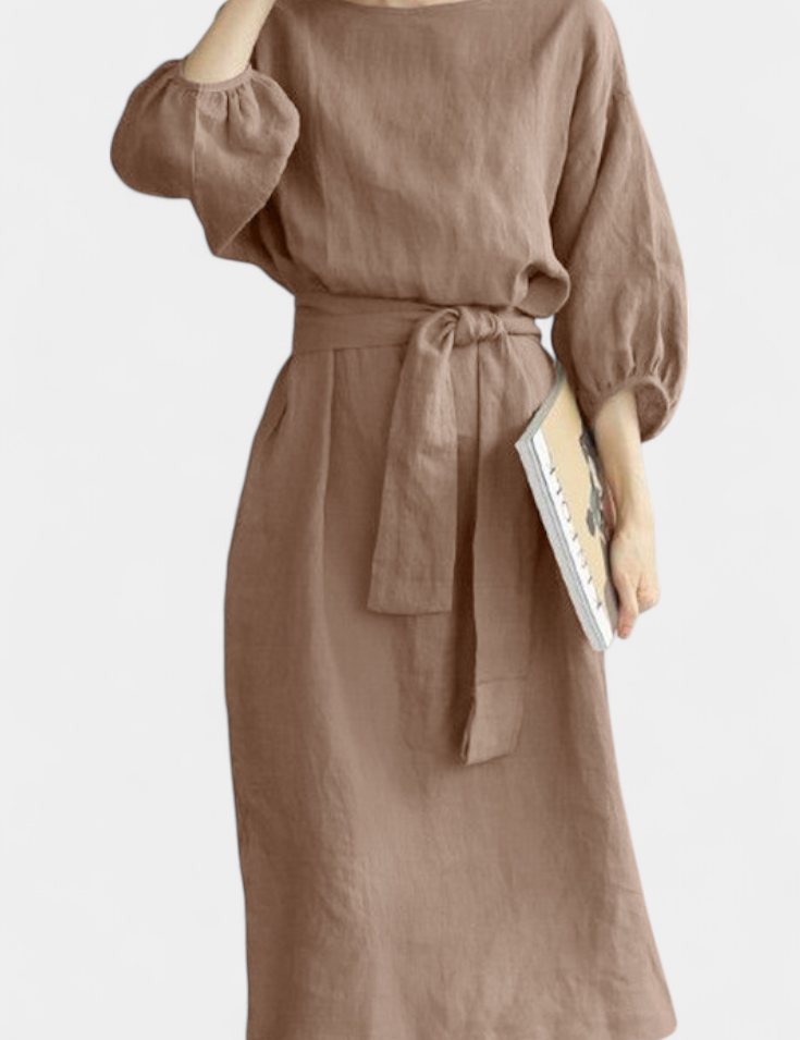 Krisbel Vestido de Lino Algodón con Cintura Anudada