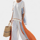 Elena - Conjunto Étnico de Lino de Bambú con Rayas y Corte Amplio