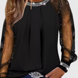 Flor Blusa Elegante con Mangas de Tul y Acentos de Strass
