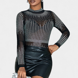 Antonella Body de Malla Transparente con Mangas Largas y Brillos