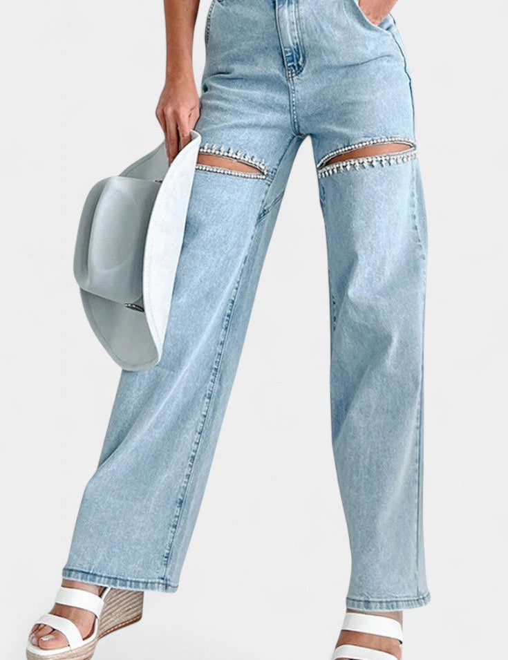 Evian Jeans Ripped Straight-Leg con Rhinestones