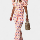 Araceli Conjunto Estampado con Blazer y Pantalón Acampanado