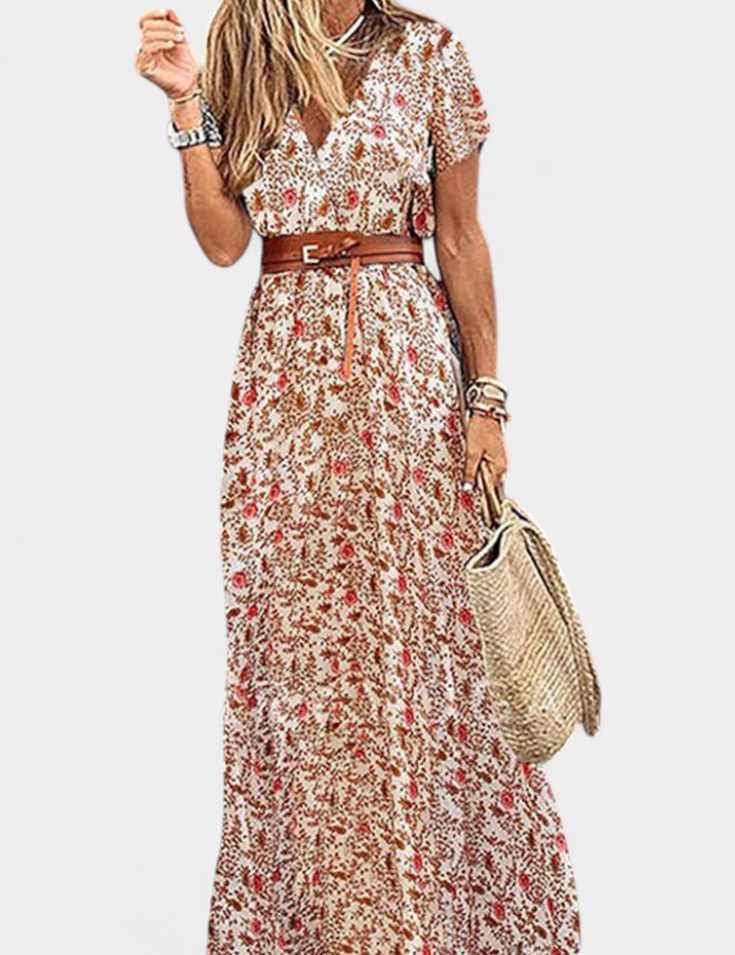 Anfisa Vestido Boho de Verano con Cinturón y Escote en V
