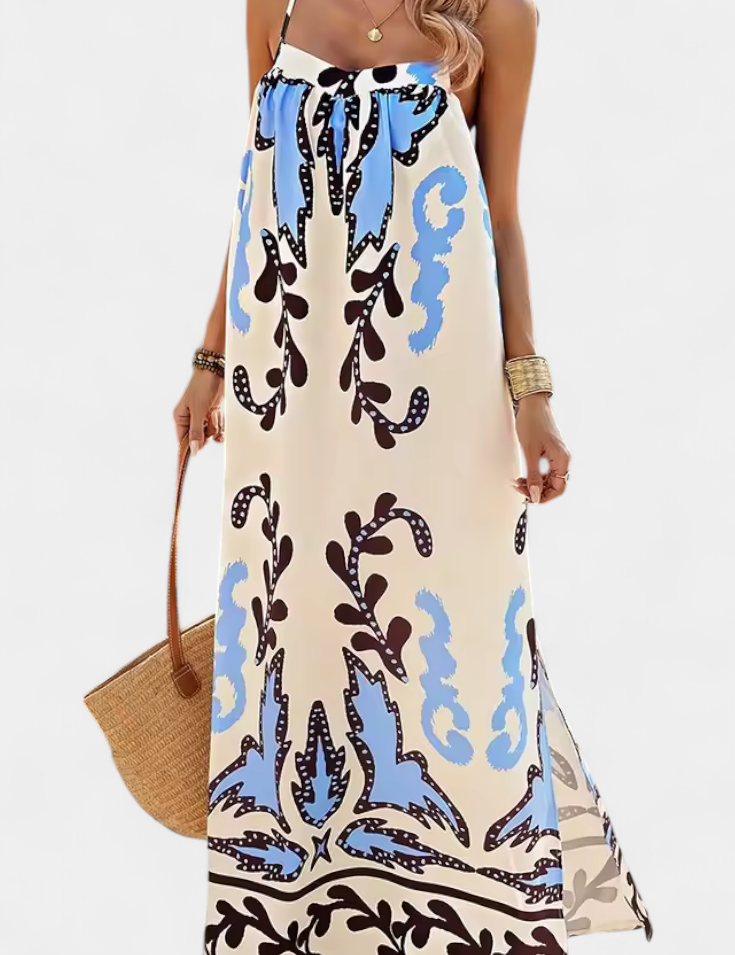 Vilma Vestido con Estampado Tropical y Espalda Descubierta