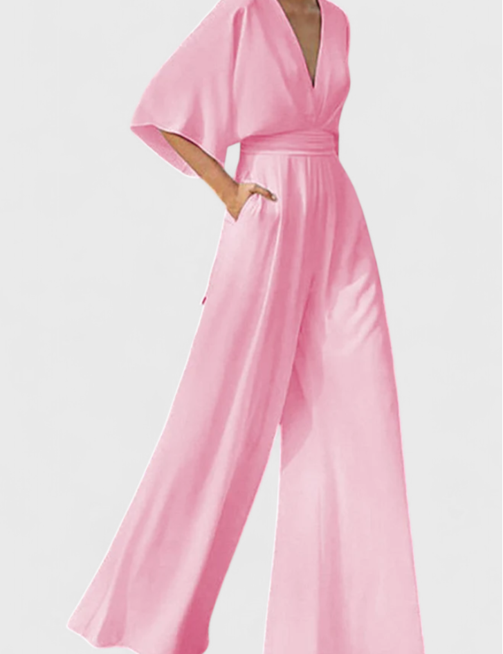 Isaura Mono Largo Elegante con Pierna Ancha y Escote en V