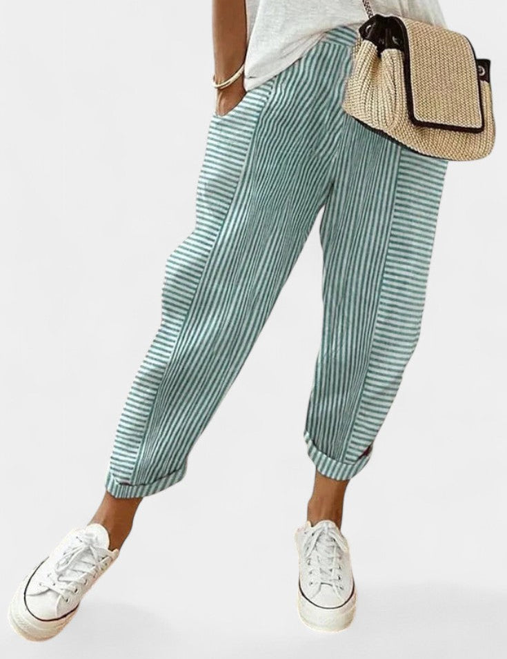 Alba Pantalones de Mezcla de Lino a Rayas