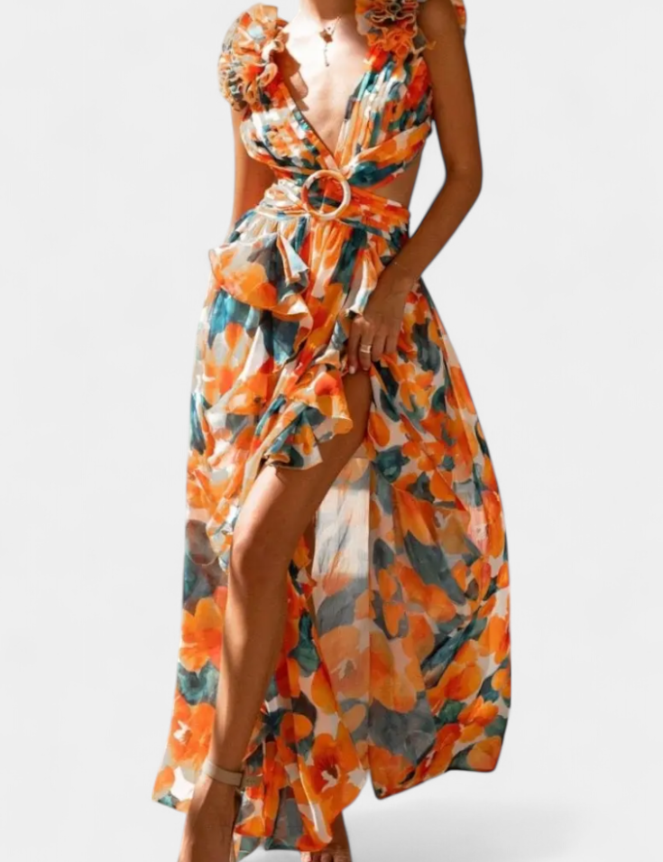 Zuleika Vestido de Chifón con Volantes y Aberturas Laterales