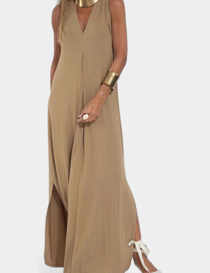 Felisa Vestido Maxi Sin Mangas en Color Liso y Silueta Elegante