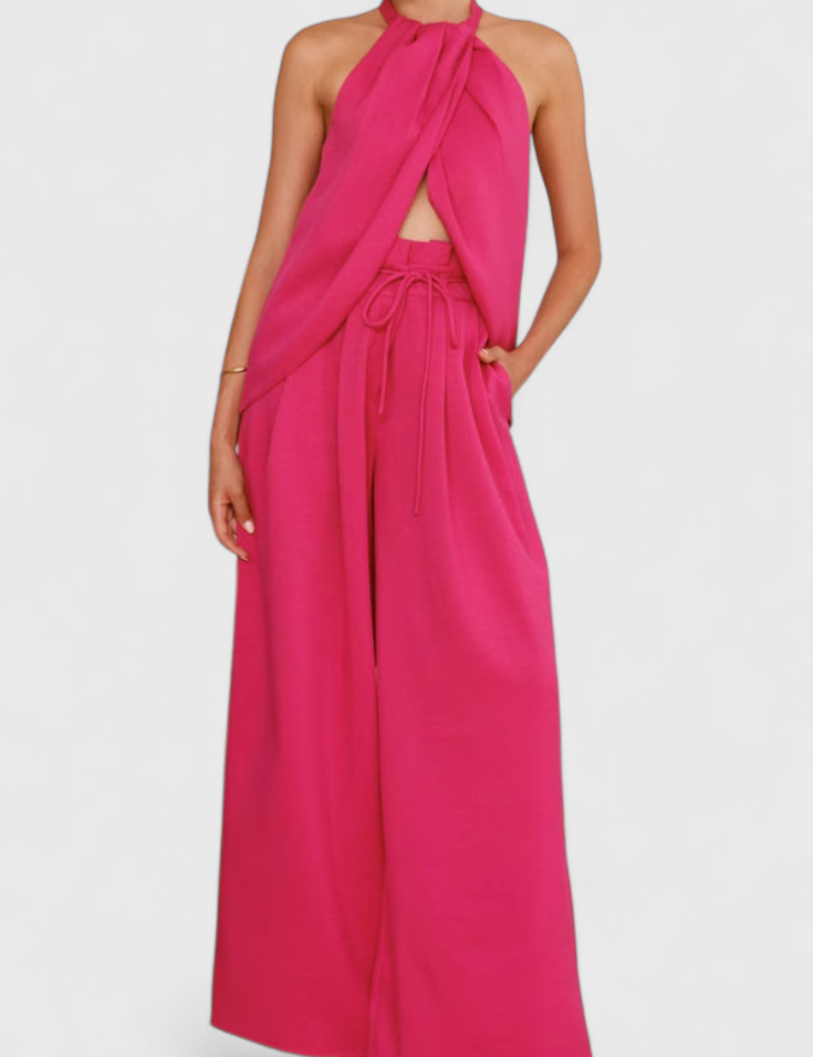 Bernadina Conjunto de Lino con Top de Abertura Frontal y Pantalón de Pierna Ancha