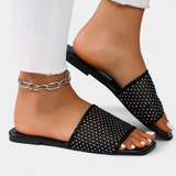 Iva Sandalias Planas de Malla con Brillos y Punta Cuadrada
