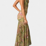 Isamar Vestido Floral Asimétrico de Cuerpo Ajustado con Cola