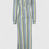 Crisanta Vestido Largo Estampado con Ondas Multicolores y Manga Larga