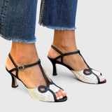 Iraida Zapato Peep-Toe Bicolor con T-Strap y Tacón Estilizado