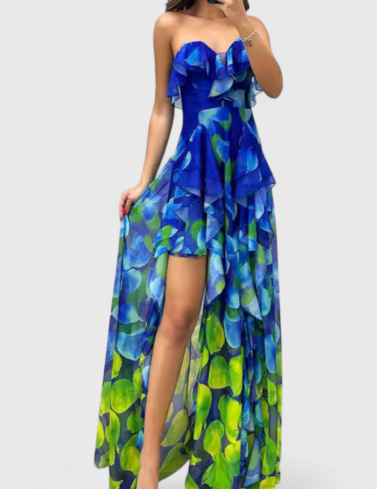 Andy Vestido Maxi Sin Mangas con Capas de Volantes y Abertura Gradiente