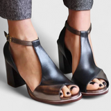 Vasilica Tacones Gruesos con Punta Abierta, Patchwork y Correa al Tobillo