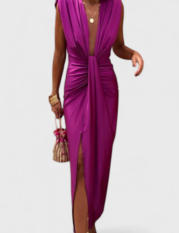 Lakisha Vestido Midi Fruncido con Escote Profundo