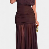 Noelia Vestido Bodycon de Malla Plisada Marrón