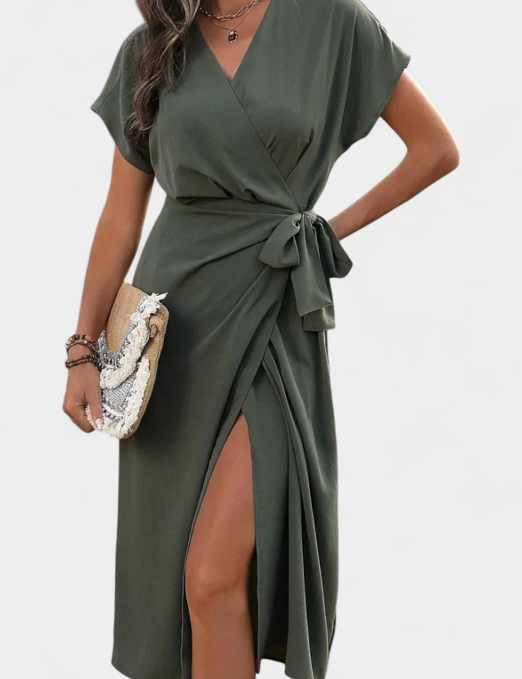 Begoña Vestido Cruzado con Cinturón y Abertura Sutil