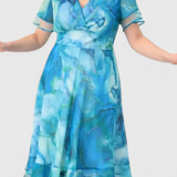 Almira Vestido Azul de Gasa con Estampado Acuarela