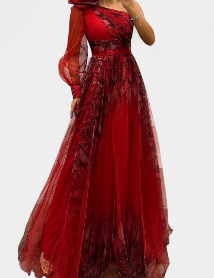 Becca Vestido Maxi de Chiffón con Hombro Descubierto y Flor Voluminosa